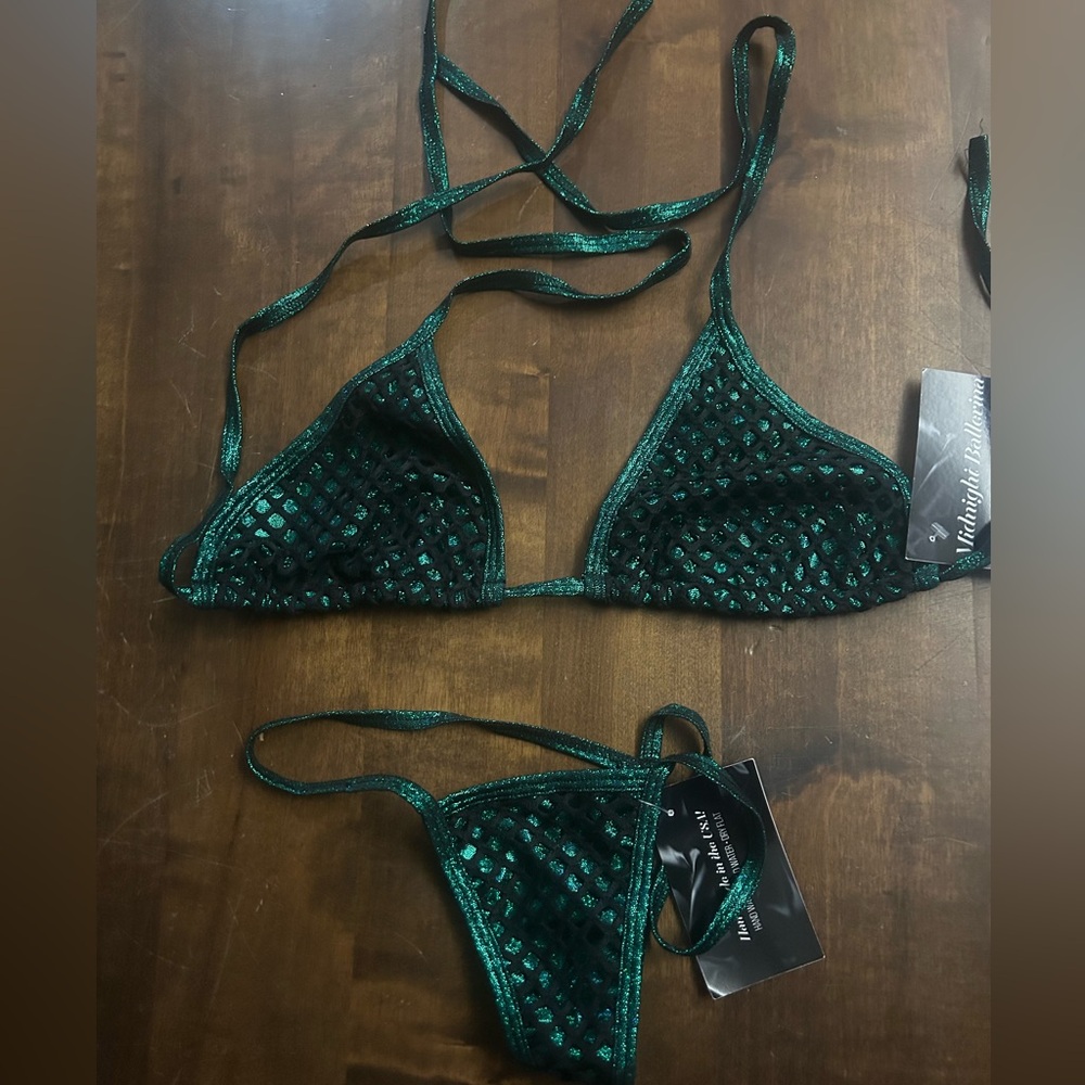 NWT Skimpy Midnight Ballerina Dark Metallic Green Tri-Top Thong Bottom Bikini